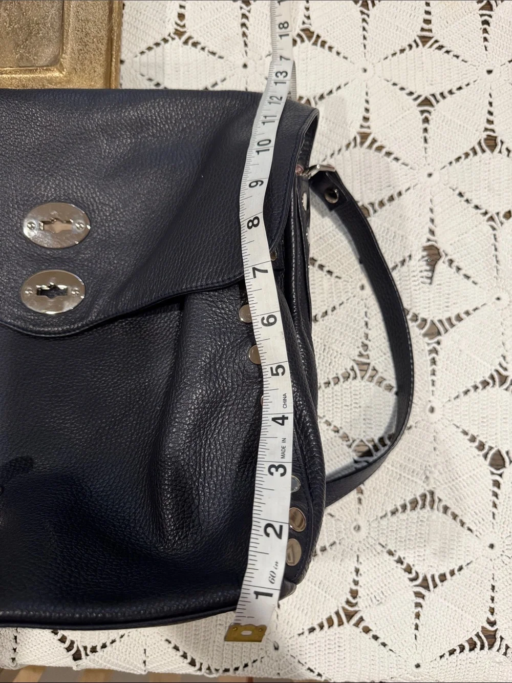 Zanellato Navy Studded Hammered Leather Crossbody Bag EUC